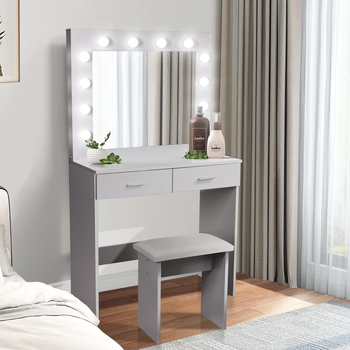 Grey dressing table mirror with lights deals