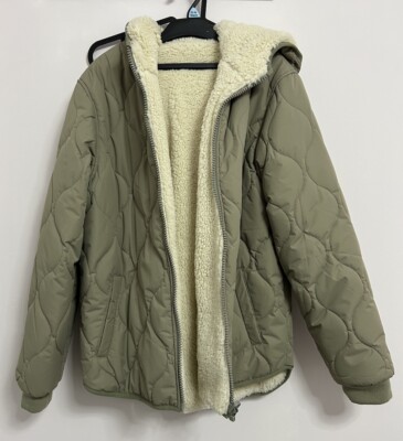 Tesco F&F Kids Khaki Green Faux Fur Hooded Quilted Jacket Age 13-14  UK