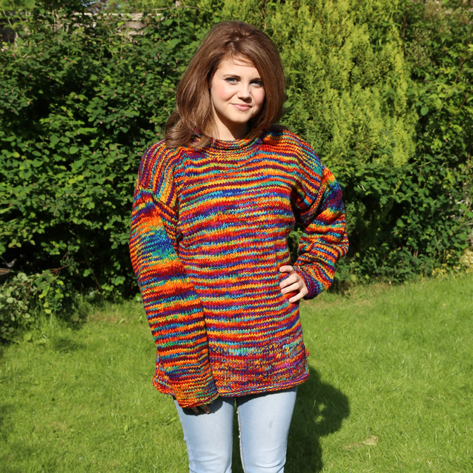 HIPPY BOHO HAND KNITTED RAINBOW MULTI STRIPE JUMPER - QUALITY NEPAL FAIR TRADE