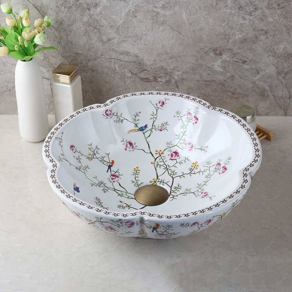 US Ceramic Bathroom Flower Shape Vessel Sink Washing Basin Bowl Faucet