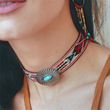 Lady Ethnic Choker Necklace Jacquard Metal Indian Design Boho Jewelry Retro