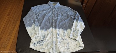 Men's Medium Blue Dip Dye Bleach Wash Denim Style Shirt Long Sleeve