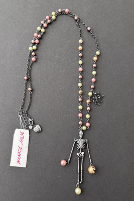 Betsey Johnson Skeleton Halloween Necklace Long Web Faux Pearl Gun Metal Pumpkin