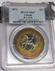 MONSTER RAINBOW TONED - 1973 Canada Silver Dollar RCMP Centennial┃PCGS SP67