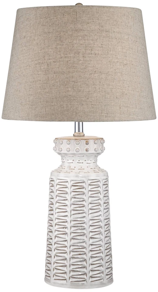 Country Table Lamp with USB Port White Ceramic Tan Drum Shade for Living Room - Image 2 of 4