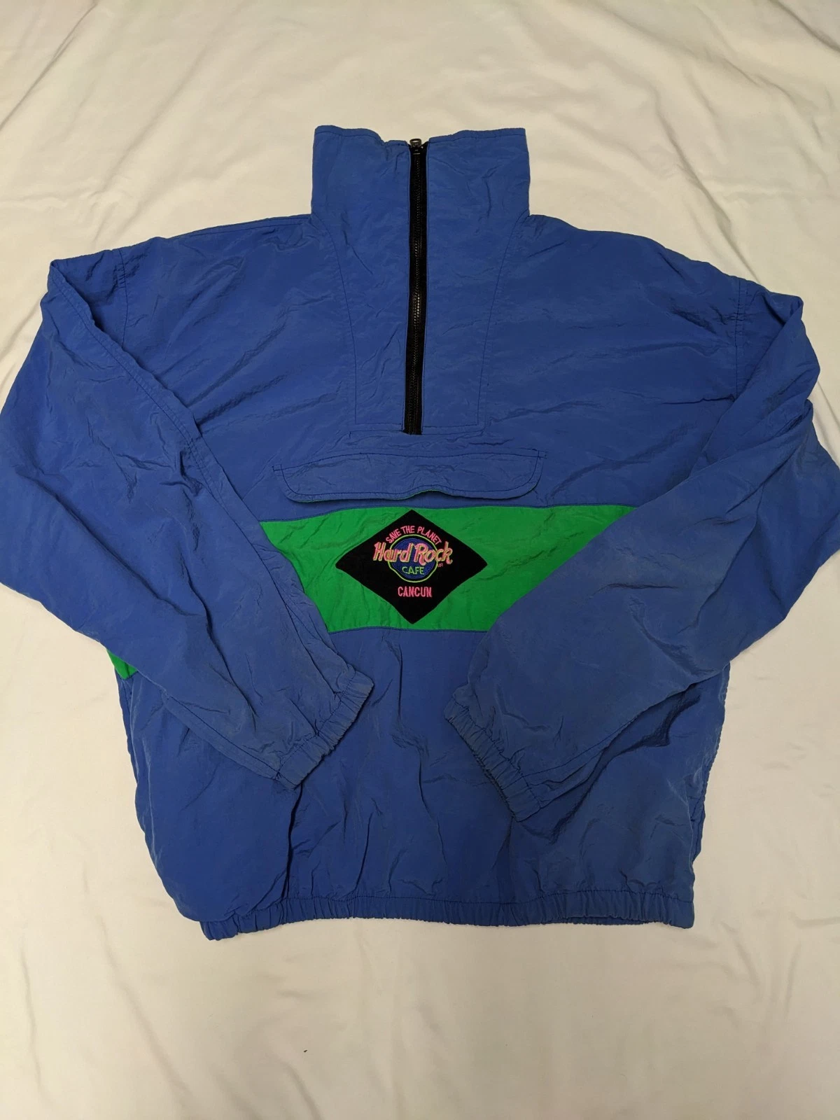 Men's Hard Rock Cafe "Cancun" Blue Collared Windbreaker Jacket Meas 28" Chest