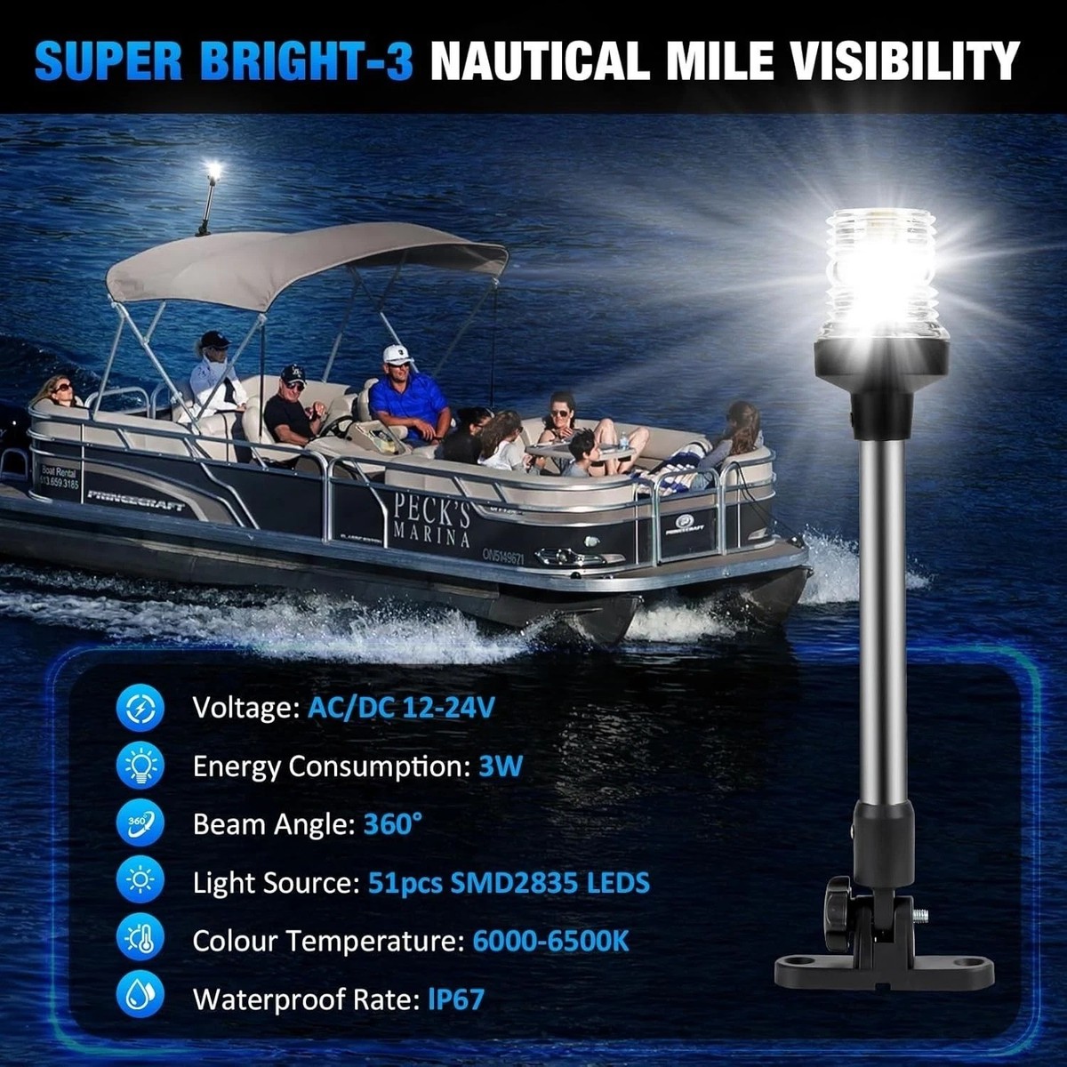 12 In Bimini Top Anchor Light Stern Light, LED Pontoon Navigation
