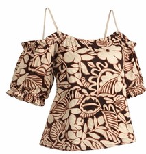 TU Floral Cold Shoulder Top Size 12 BNWT Puff Sleeve Strap Blouse Brown Cream