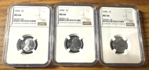 1943-P 1C Lincoln Steel Wheat Cent NGC MS 66 Three Coin Lot