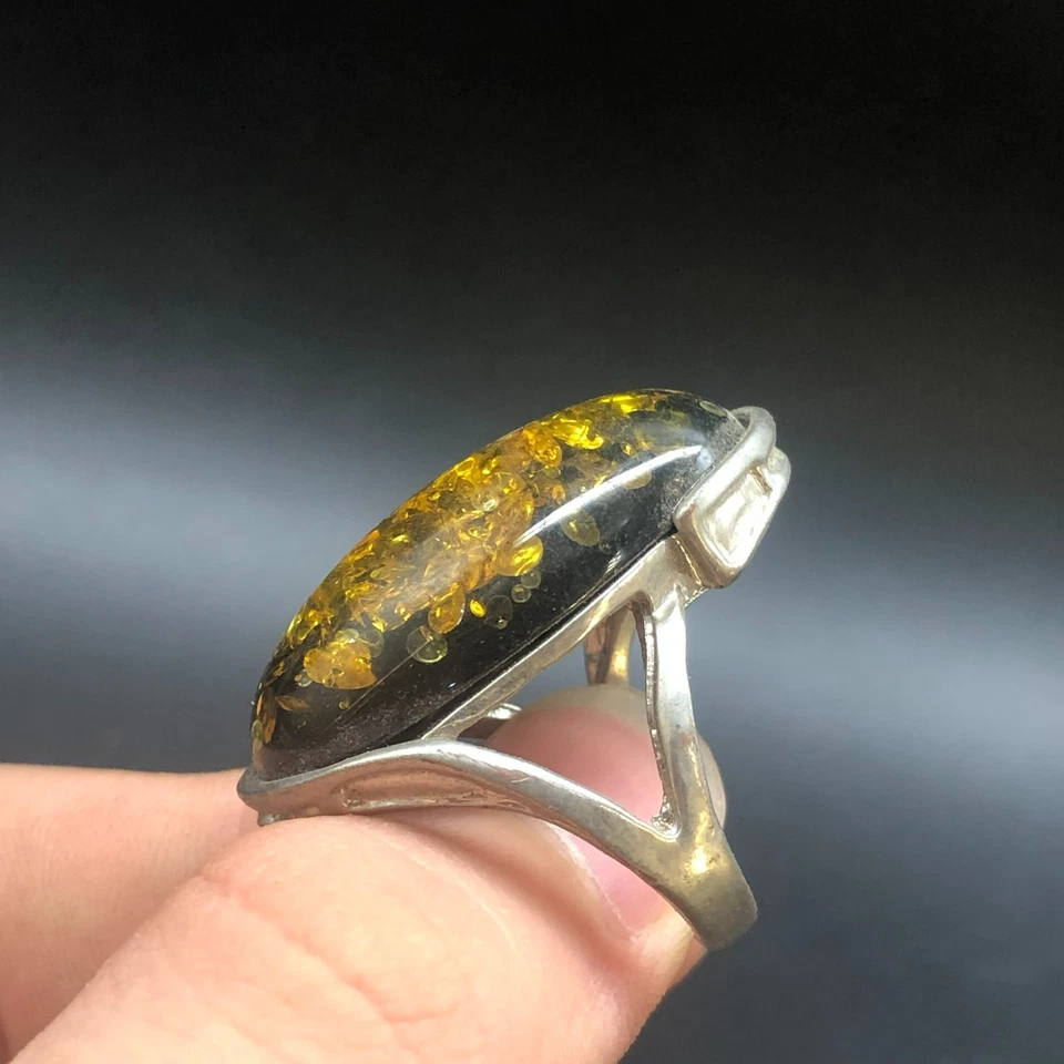 Tibetan  Old Silver Amber Ring A14 - Image 2 of 4