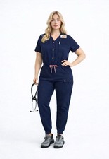 One Piece Jumpsuit Scrub In Navy Blue. Zipper In The Crotch For Bathroom Access