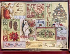 PUNCH STUDIO vintage Christmas ephemera-look Christmas Cards - Box of 15 - NEW