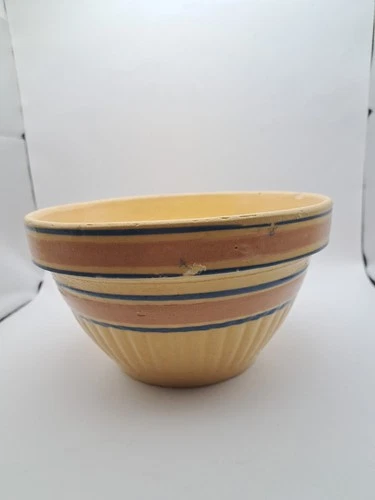 Antique 8" McCoy Mixing Bowl Yellow Ware Dark Salmon & Blue Stripes