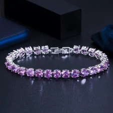 Chic Purple Round Cubic Zircon Bridal Tennis Chain Link Bangle Bracelet Jewelry