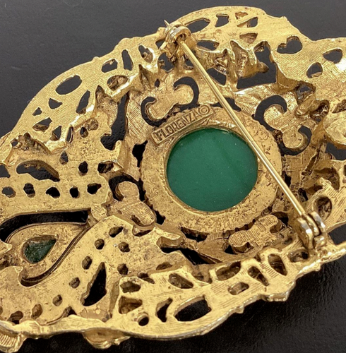 FIRENZE Spilla Ciondolo Verde FILIGRANA Oro Lucite Cabochon AB VINTAGE Spilla Rara 3" - Foto 3 di 6