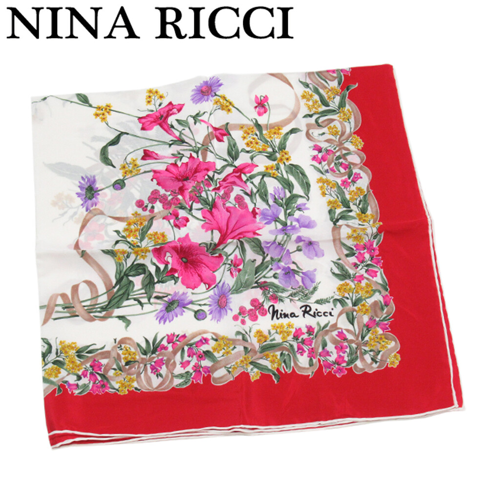 Nina Ricci シルクスカーフ 85x85cm 総柄 赤 新品未使用 NINA RICCI Scarf Flower Floral White pink silk Authentic