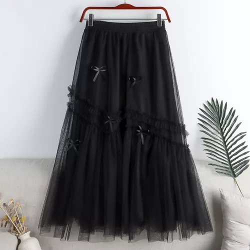 Damen Netz Tüll Rock Lagenlook Hoch Gummibund A-Linie Plissee Swing Midi Chic - Bild 5 von 23