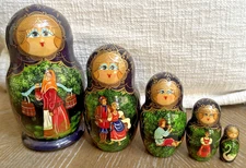 Vintage Wooden Russian Nesting Dolls - 5 Doll Set, Hand Painted & Signed