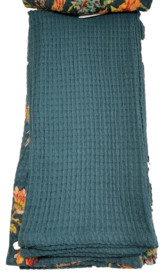 April Cornell Kitchen Towel Set 3 Wildflowers Teal Waffle Weave Cotton - Image 2 of 2
