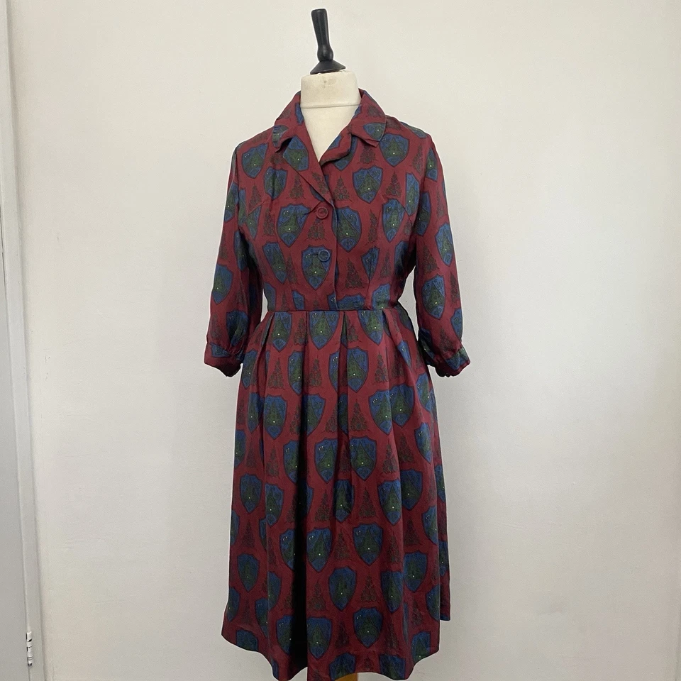 Vintage 1950s ORIGINAL Dress Silk Red Green Blue Festive XMAS Swing Dress 10 12 - Image 2 of 4