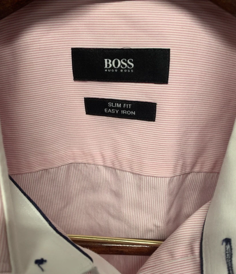 BOSS Hugo Boss 42-16.5 Men's Short Sleeve Shirt Button Front Pink Stripe - Image 2 of 4