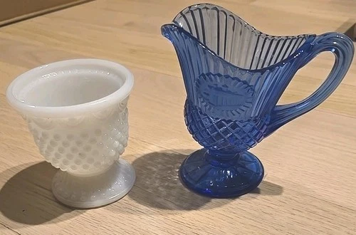 Vintage Avon Hobnail Milk glass Candle Holder & Cobalt Blue Glass Pitcher