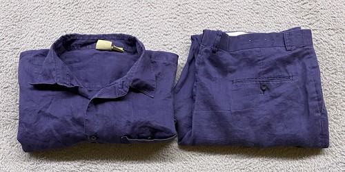 Jordan Craig Shirt Mens XXL Blue Linen Short Sleeve Combo Outfit Pants 42x31 - Picture 1 of 20