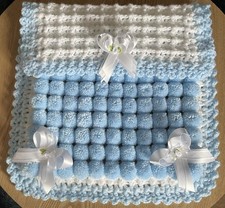 Beautiful Thick Pom Pom Blanket car seat size blue/ white