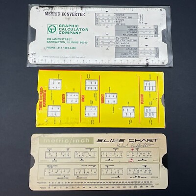 Metric Converter Lot of 3 Slide Chart Concrete Estimator Lumber Calculator 1970s