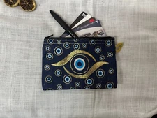 Handmade Greek Design Clutch, Evil Eye Greek Mati Eye Protection Coin & Travel