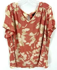 H by Halston Blouse Womens Plus 20W Red Floral Keyhole Neckline Bell Sleeve