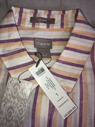 Chicos 1 M NWT Linen Metallic Stripe No Iron White Peach Purple Button Up Shirt - Picture 9 of 11