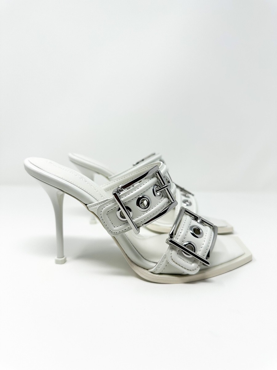 Alexander McQueen Women's Buckle Leather Heel Sandals White