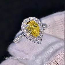 14K White Gold Over 2.55CT Pear Shape Real Citrine Engagement Wedding Halo Ring