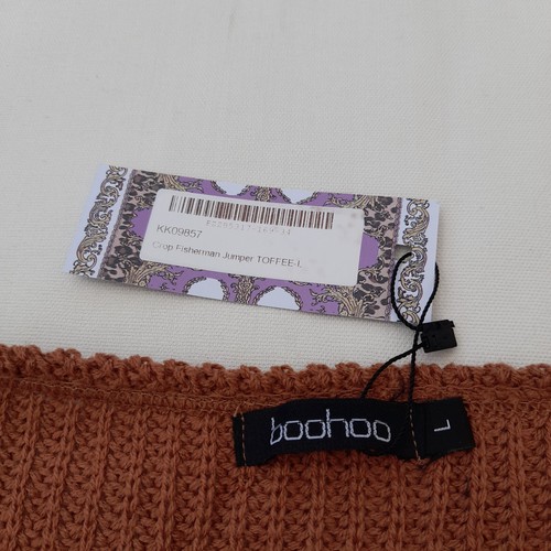Boohoo Women's Toffee Brown Crop Fisherman Jumper Size L BNWT Long Sleeve Knit - Picture 5 of 9