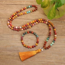 108 Mala Beads African Turquoise Yolk Stone Tassel Necklace Bracelet Elastique