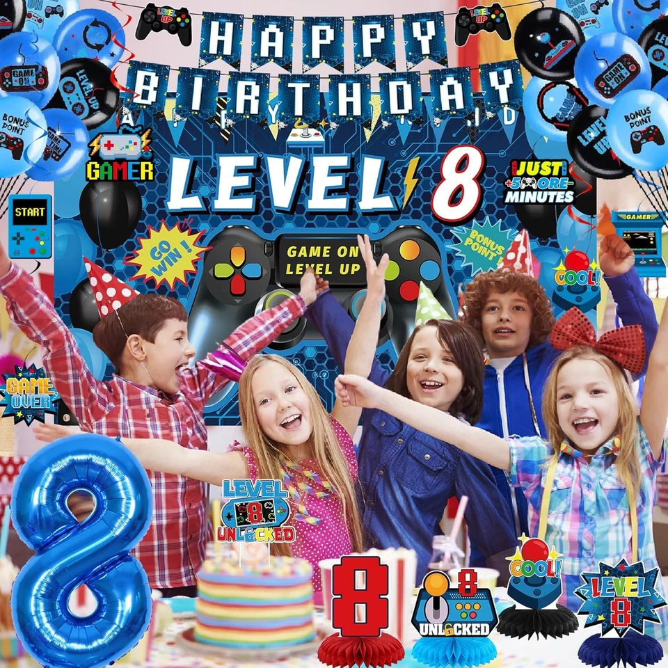 Videojuego Vlipoeasn 8º Cumpleaños Decoraciones para Niños, Azul Nivel 8  Foto 4 de 4
