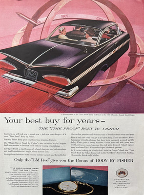 1959 Body By fisher Time Proof Chevrolet Impala Sport Coupe GM Five VTG Print Ad