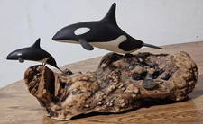 Vint. John Perry Orca Killer Whale & Calf Sculpture 11.5 in Long on Burlwood