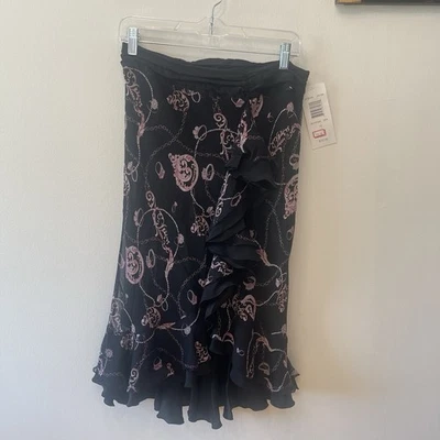 Deadstock Y2K Allison Taylor Silk Ruffle Chain Jewel Print Midi Skirt Black 10 - Image 1 of 4