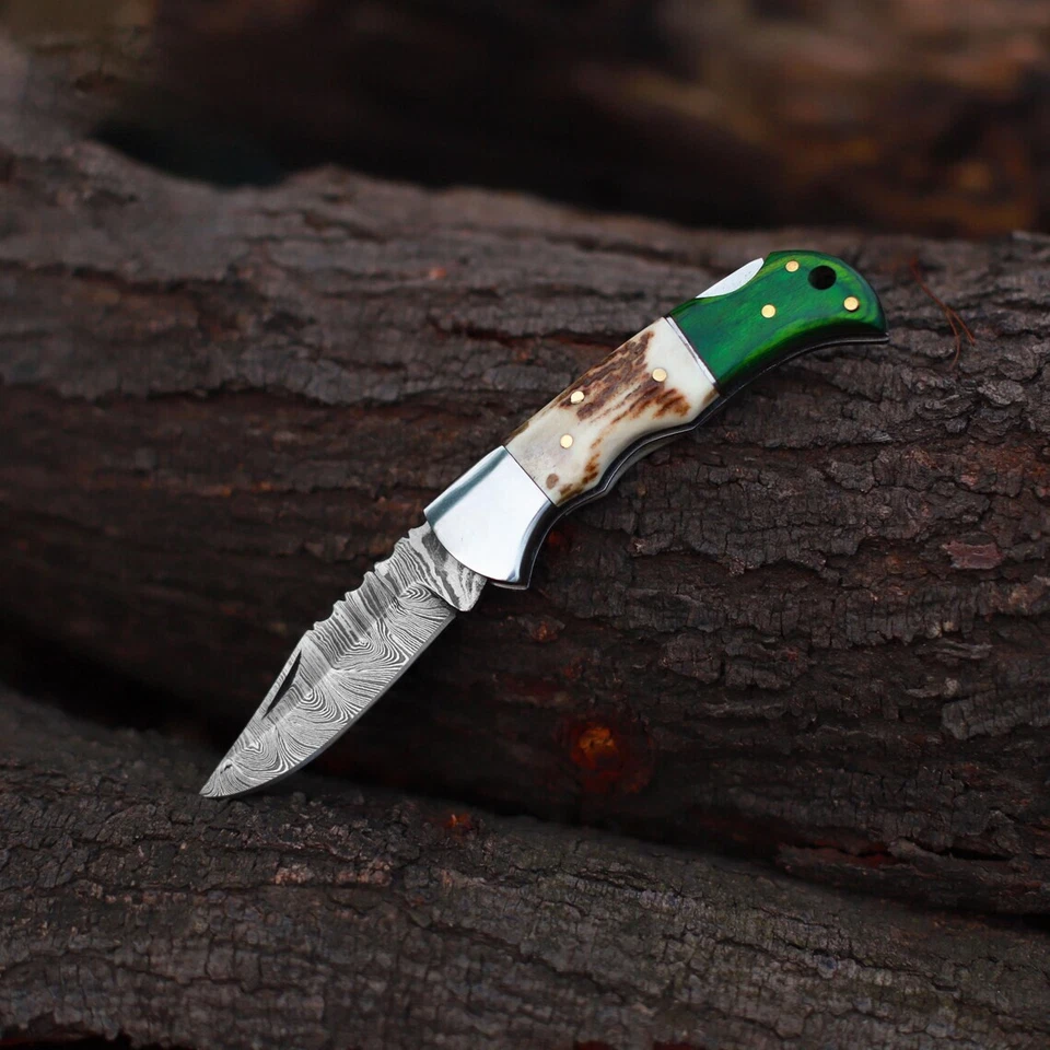 Set OF 5 Damascus hunting folding pocket knife , Sharp Edge Folding Fix Blade - Image 3 of 4