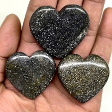 3 Pcs Natural Black Sunstone 34-39mm Heart Loose Glitter Cabochon Gemstones Lot