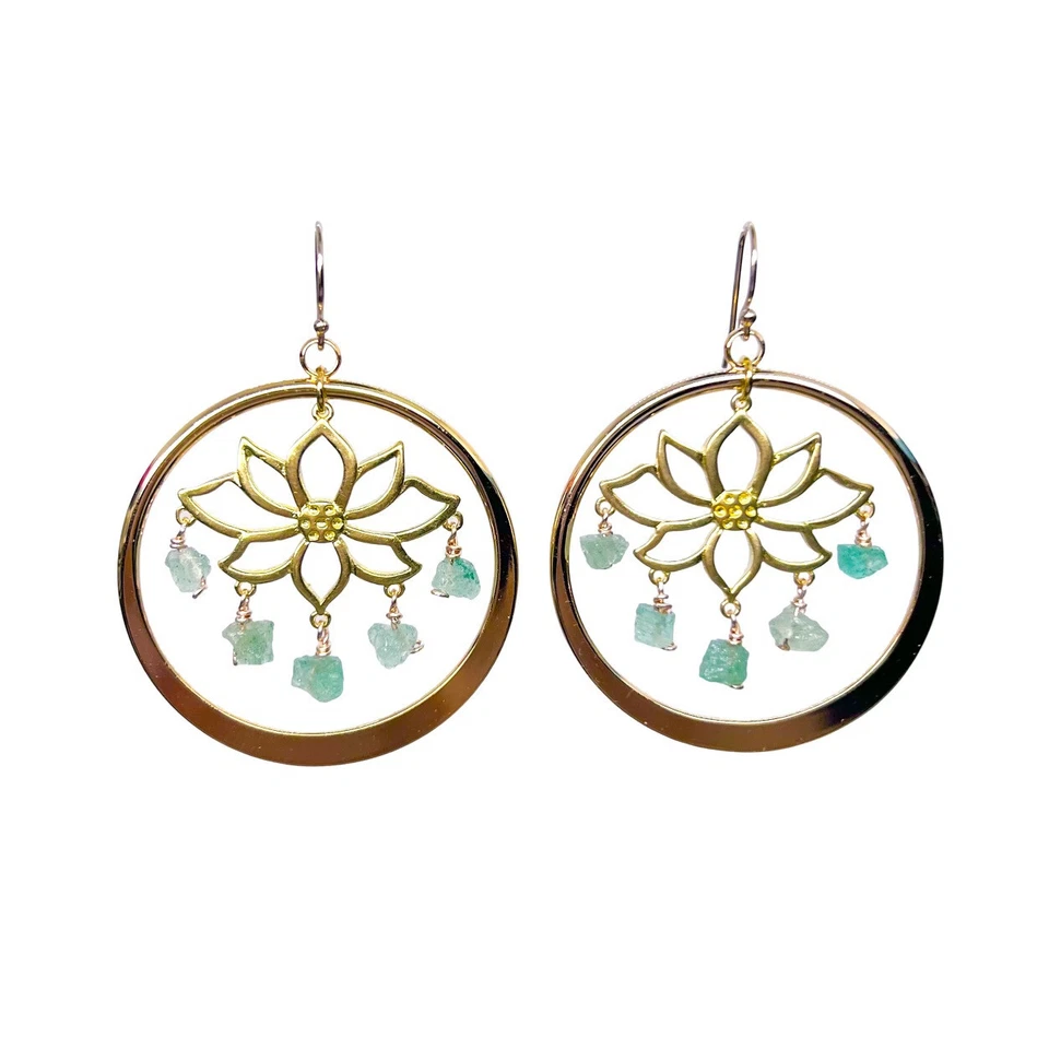 Pendientes aro oro loto aguamarina, oro 14k relleno o plata de ley Foto 2 de 4