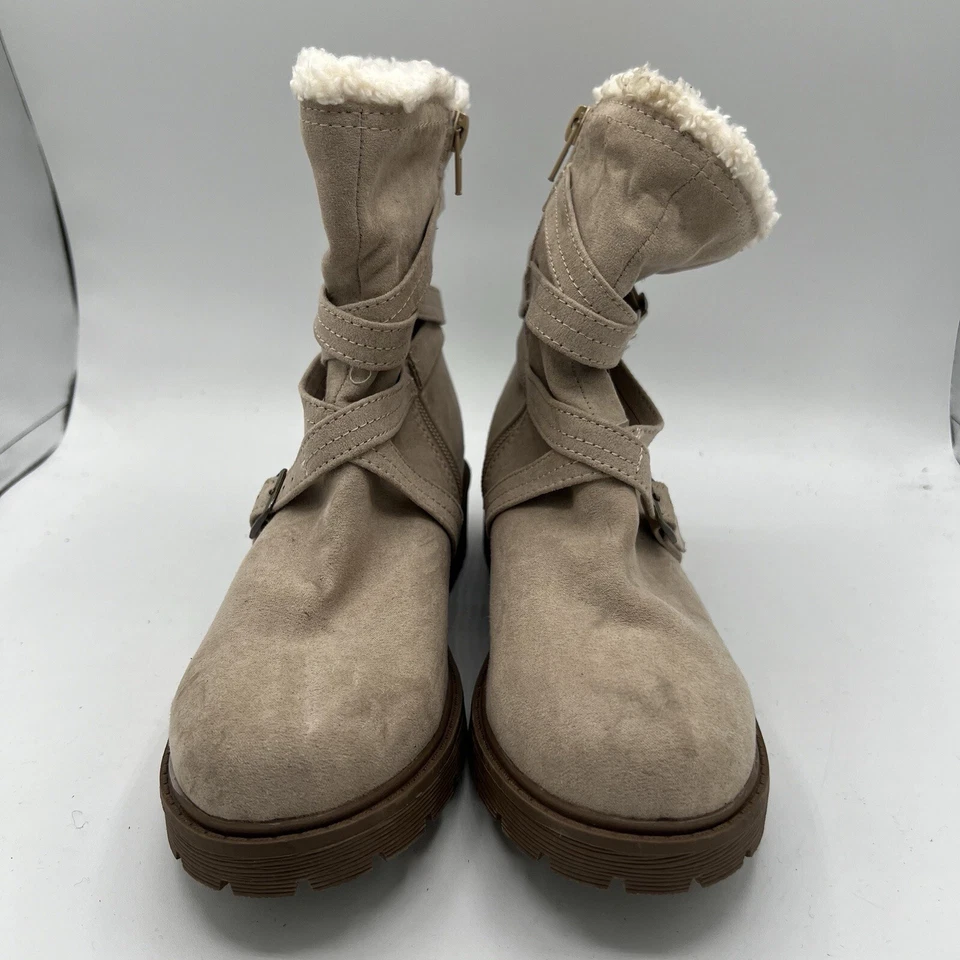Steve Madden Girls J-Gadot Taupe Ankle Boots Sz 4 Big Kid Faux Fur Biker Straps - Image 2 of 4