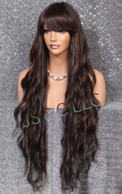 Human hair blend wavy bang wig Bia”dark brunette long 30 inch glueless luxury lace wig  main image 4
