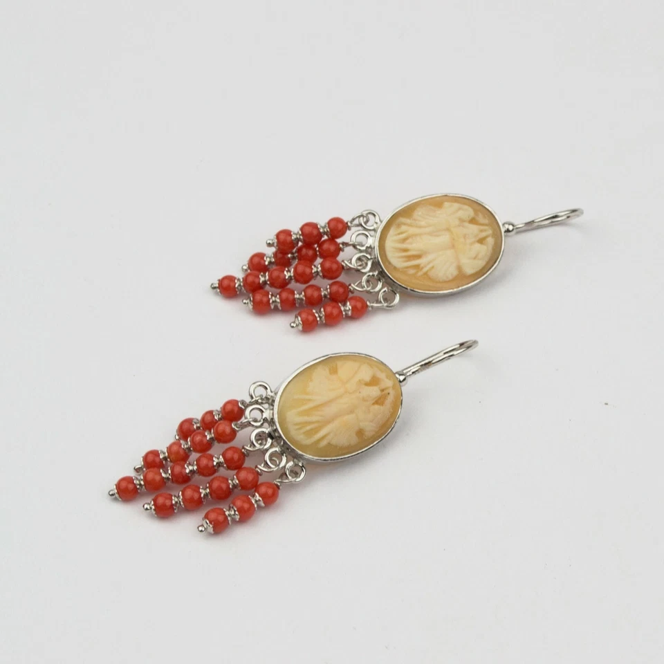 ORECCHINI IN ARGENTO 925 CON CORALLO E CAMMEI CORNEOLA TRE GRAZIE AGHT 0760 - Immagine 2 di 3