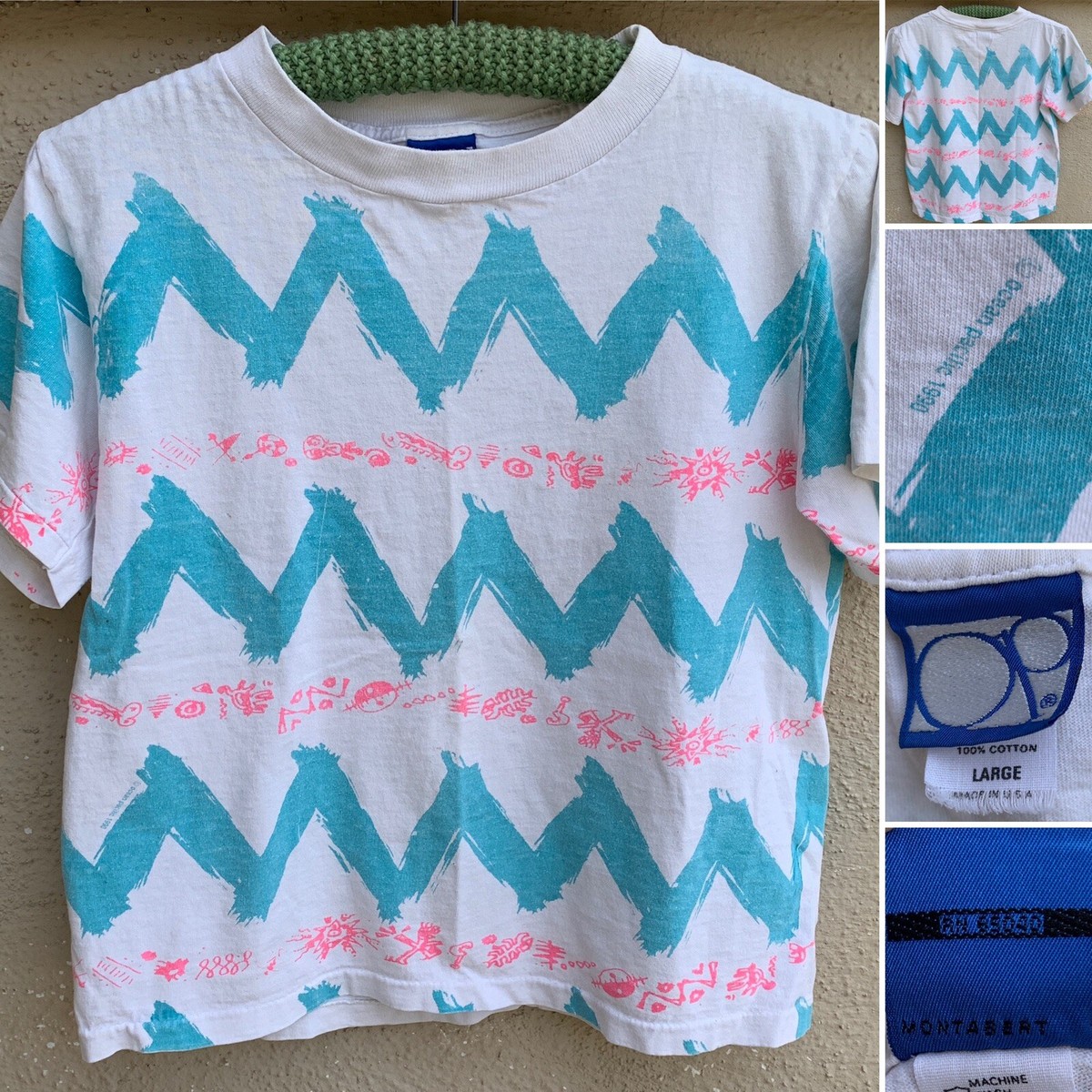 Vintage Op Ocean Pacific All Over Print T-Shirt c 1990 90s Neon