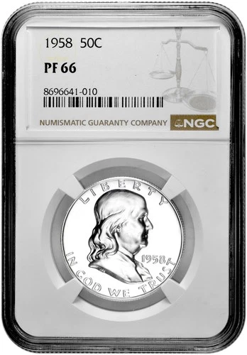 1958 50C Proof Silver Franklin Half Dollar NGC Graded PF 66 in New Holder