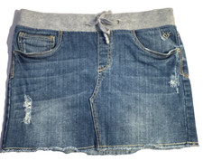 Girls Justice Denim Skirt w Gray Elastic Waist Frayed Hem Distressed Sz 14 1/2