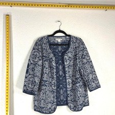 Coldwater Creek Navy Blue Damask Tapestry Open Front Jacket Size 12 Woven Topper